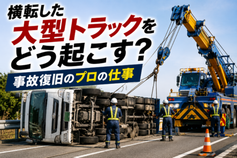 力任せでは起こせない。横転した大型トラック、事故復旧の舞台裏