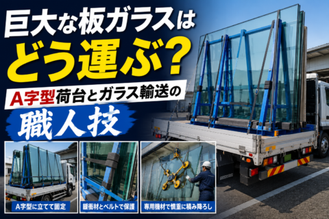 巨大ガラスは寝かせない。A字型荷台が支える板ガラス輸送