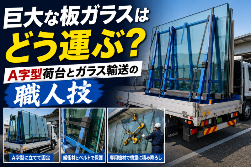 巨大ガラスは寝かせない。A字型荷台が支える板ガラス輸送